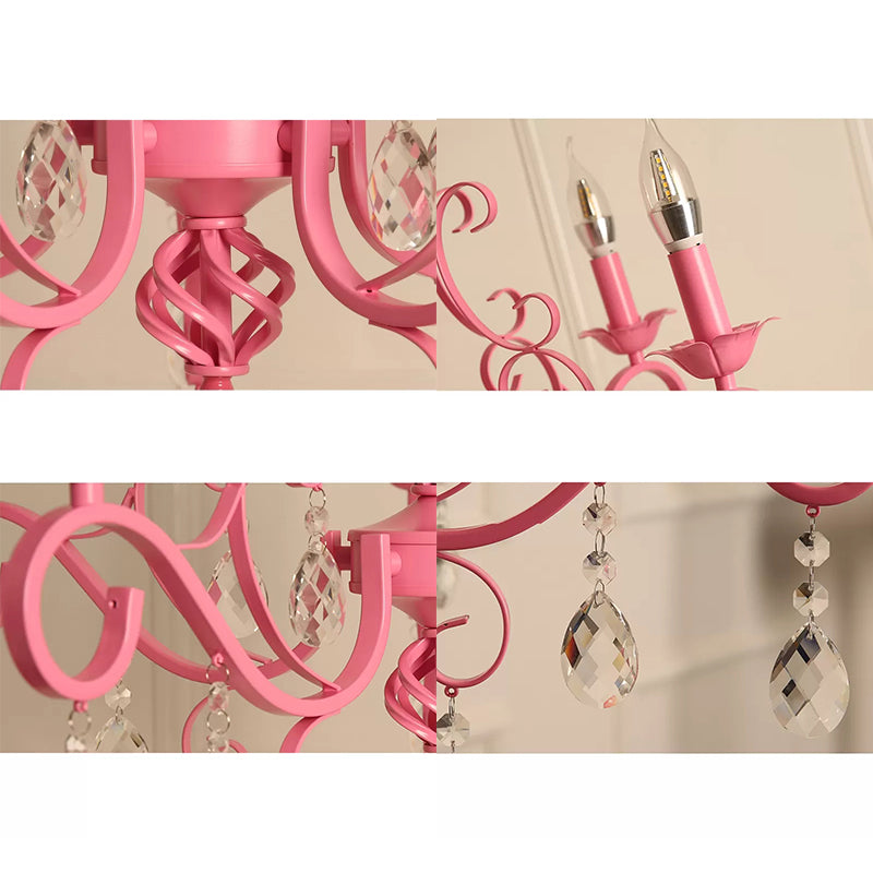 Girls Bedroom Chandelier Ceiling Light, Modern Pink Hanging Lamp with Candle and Clear Crystal, Size 20 to 24 Inch