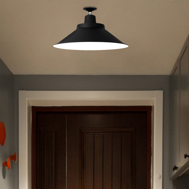 12"/16"/19.5" Wide Cone Metal Ceiling Lighting Industrial Style 1 Head Balcony Semi Flush Mount Lighting in Black Clearhalo 'Ceiling Lights' 'Close To Ceiling Lights' 'Close to ceiling' 'Flush mount' 'Industrial Flush Mount' Lighting' 137781