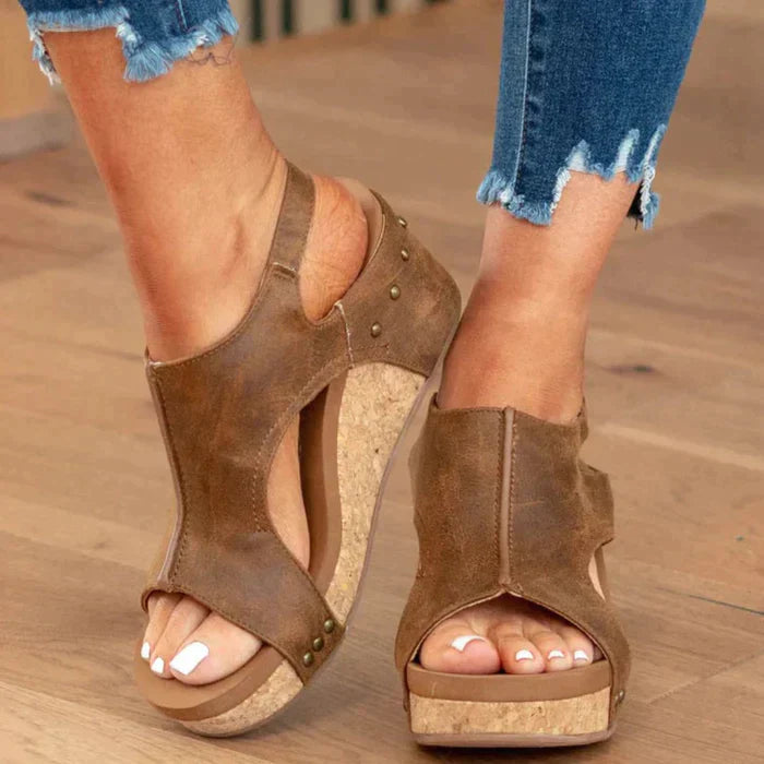 Women’s Wedge Sandals | Faux Leather & Cork Platform | Gel Cushioned Footbed | Comfortable Fit