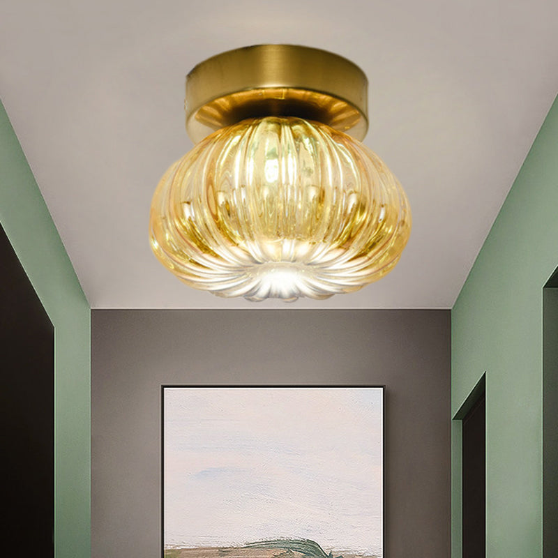 Modernist Spheroid Flush Mount Clear/Amber Ribbed Glass Single Head LED Ceiling Light Fixture, 5.5"/10" W