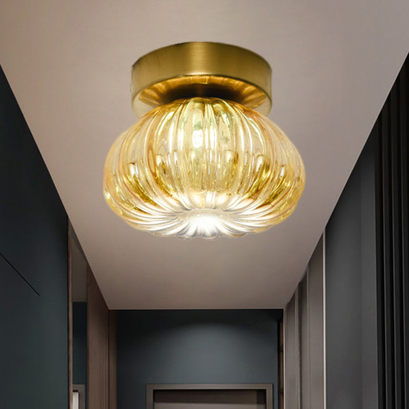 Modernist Spheroid Flush Mount Clear/Amber Ribbed Glass Single Head LED Ceiling Light Fixture, 5.5"/10" W