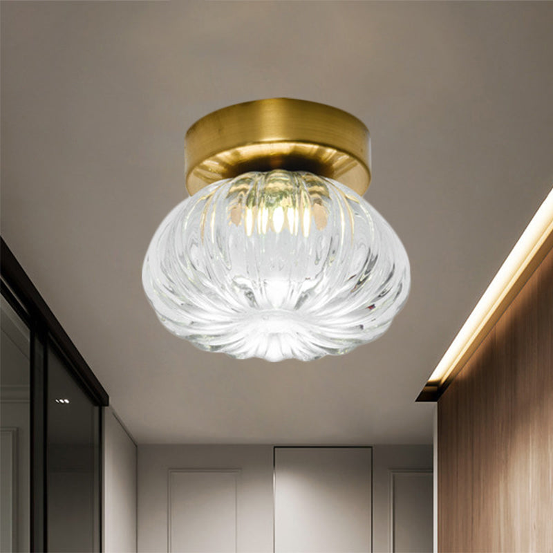 Modernist Spheroid Flush Mount Clear/Amber Ribbed Glass Single Head Corridor LED Ceiling Light Fixture, 5.5"/11" W Clearhalo 'Ceiling Lights' 'Close To Ceiling Lights' 'Close to ceiling' 'Flush mount' Lighting' 1398832