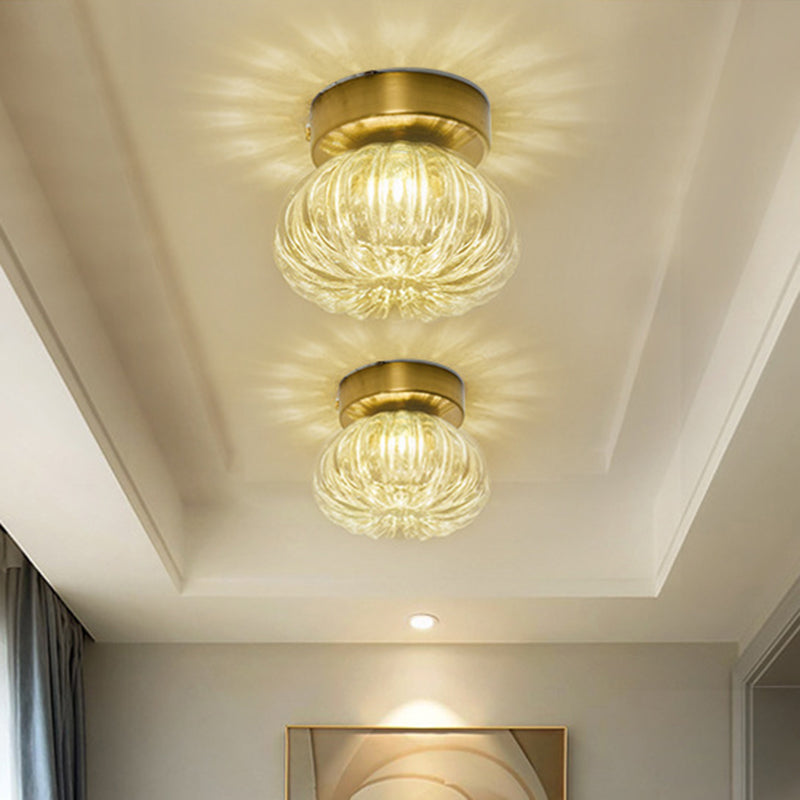 Modernist Spheroid Flush Mount Clear/Amber Ribbed Glass Single Head LED Ceiling Light Fixture, 5.5"/10" W