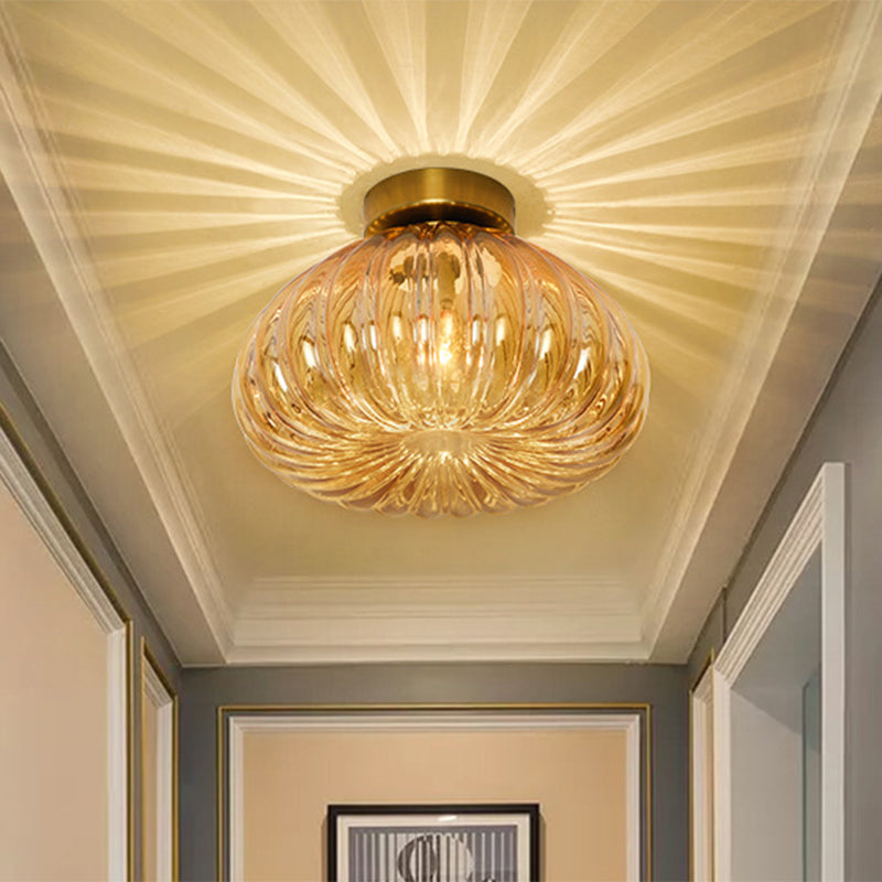 Modernist Spheroid Flush Mount Clear/Amber Ribbed Glass Single Head Corridor LED Ceiling Light Fixture, 5.5"/11" W Amber 5.5" Clearhalo 'Ceiling Lights' 'Close To Ceiling Lights' 'Close to ceiling' 'Flush mount' Lighting' 1398818