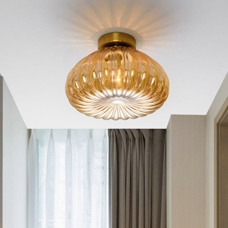 Modernist Spheroid Flush Mount Clear/Amber Ribbed Glass Single Head LED Ceiling Light Fixture, 5.5"/10" W