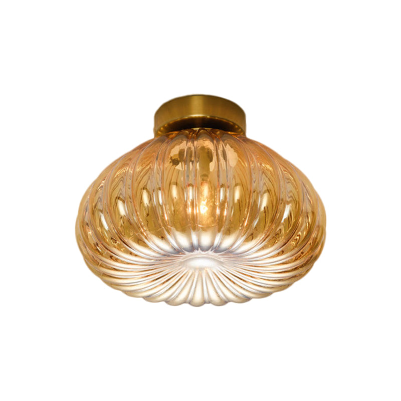 Modernist Spheroid Flush Mount Clear/Amber Ribbed Glass Single Head LED Ceiling Light Fixture, 5.5"/10" W