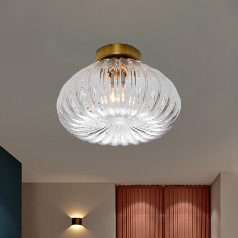 Modernist Spheroid Flush Mount Clear/Amber Ribbed Glass Single Head Corridor LED Ceiling Light Fixture, 5.5"/11" W Clearhalo 'Ceiling Lights' 'Close To Ceiling Lights' 'Close to ceiling' 'Flush mount' Lighting' 1398825