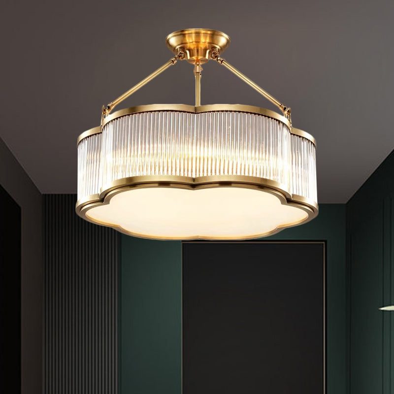 Crystal Floral Drum Semi Flush Light Fixture Contemporary 19.5"/23.5" Wide 5/6 Heads Bedchamber Ceiling Lamp in Gold Clearhalo 'Ceiling Lights' 'Close To Ceiling Lights' 'Close to ceiling' 'Semi-flushmount' Lighting' 1399480