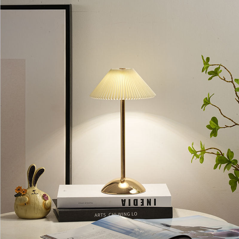 Contemporary Scandinavian Rechargeable Conical Pleated LED Table Lamp made of Iron Fabric for Nightstand