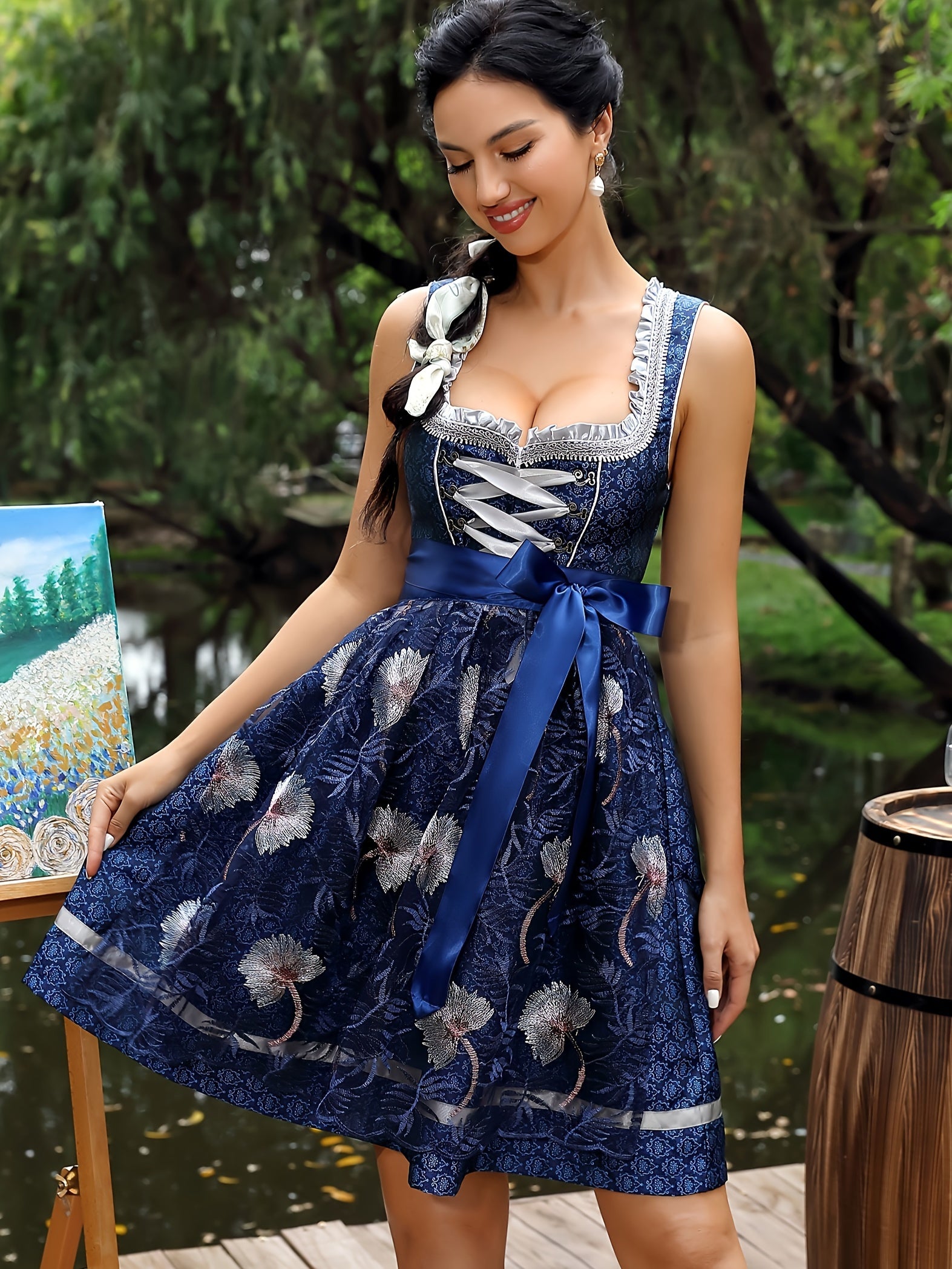 Women's Oktoberfest Dress 2-Piece Set with Embroidered Sheer Apron