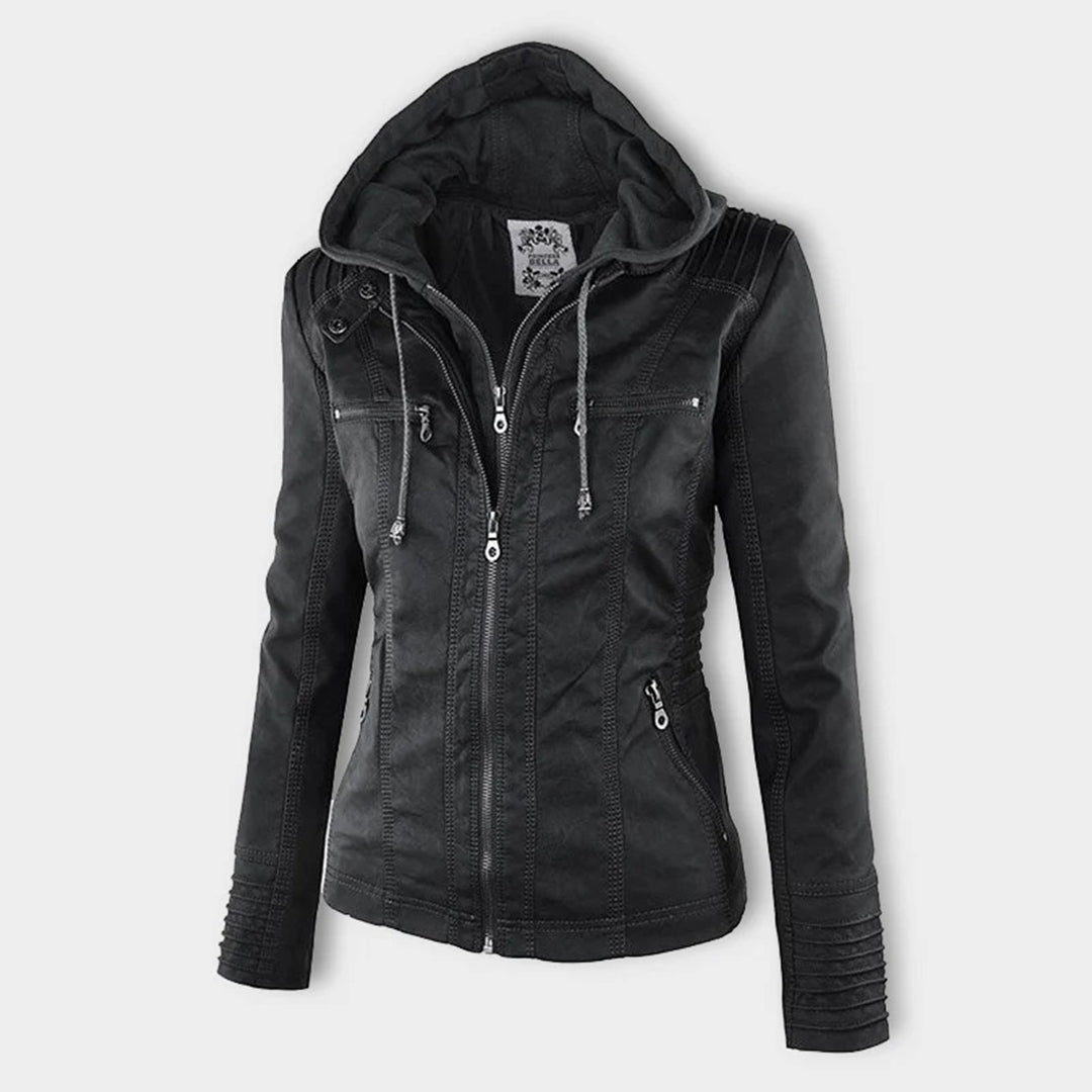 Women’s Weatherproof Leather Jacket | Detachable Hood & Zip Closure | Durable Polyester Fiber | Comfortable Fit