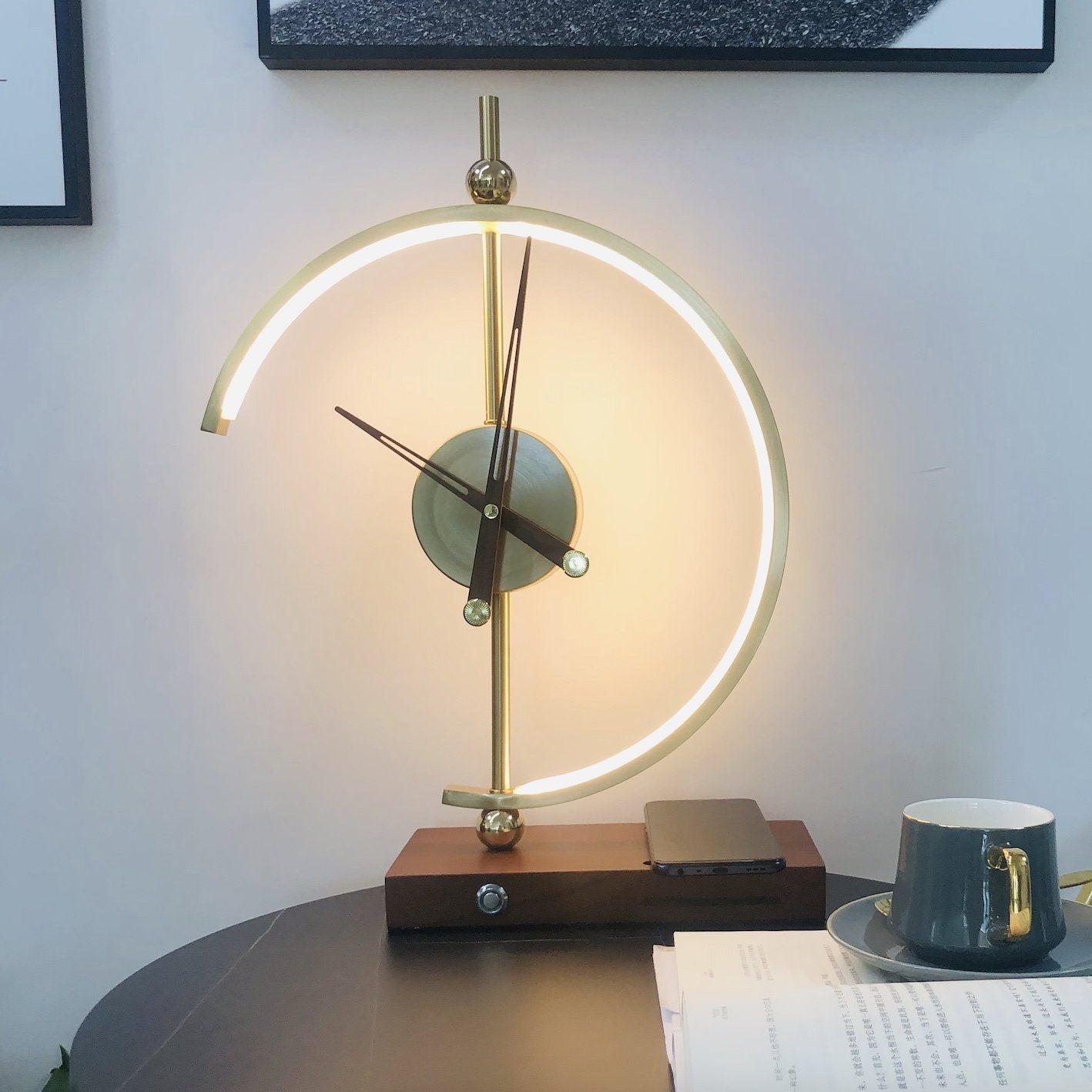 LED Desk Lamp | Wireless Charger & Analog Clock | Maple Wood Base | Energy-Efficient Lighting