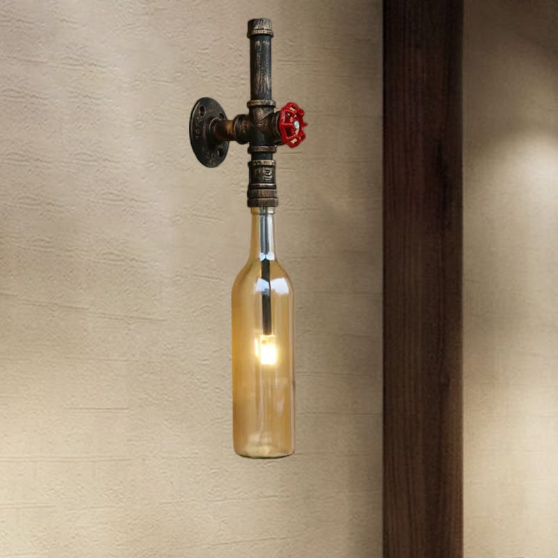 Rustic Industrial 1 Light Wall Sconce - Glass Wine Bottle Design with Red Valve in Blue/Clear for Restaurant Use