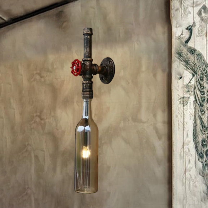 Rustic Industrial 1 Light Wall Sconce - Glass Wine Bottle Design with Red Valve in Blue/Clear for Restaurant Use