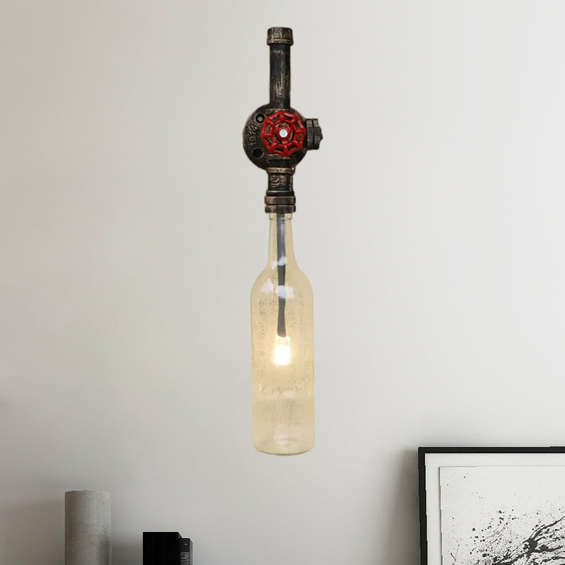 Industrial Glass Wine Bottle Wall Light 1 Bright Restaurant Blue/Clear Wall Lights with Red Valve