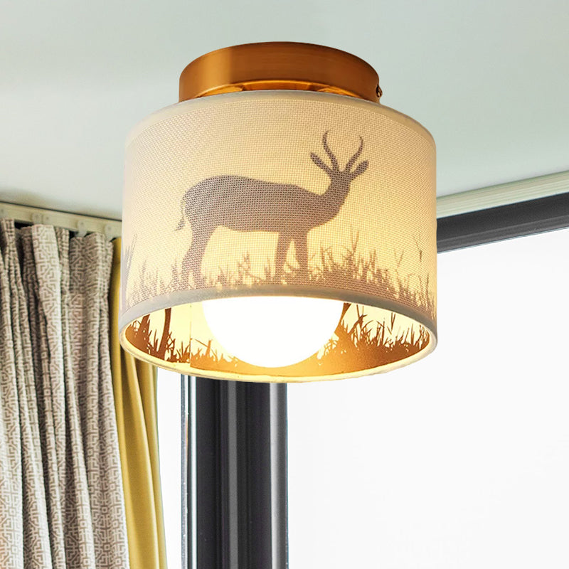 1 Bulb Fabric Cylinder Flush Mount Ceiling Light with Flower/Deer Pattern Nordic Fixture for Foyer - Modern Semi-Flush Mount Design, White