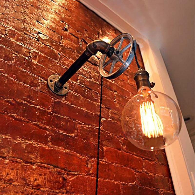 Taavita Vintage Style Industrial Pulley Design Wall Light with Bare Bulb 1 Light Iron Sconce Light Fixture in Rust for Farmhouse