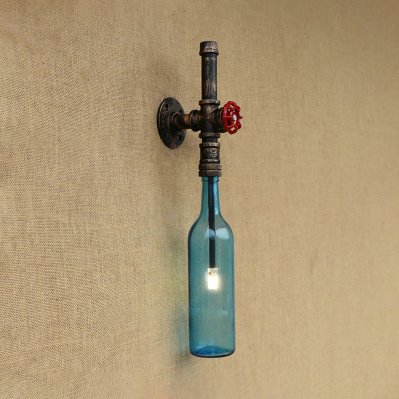 Rustic Industrial 1 Light Wall Sconce - Glass Wine Bottle Design with Red Valve in Blue/Clear for Restaurant Use