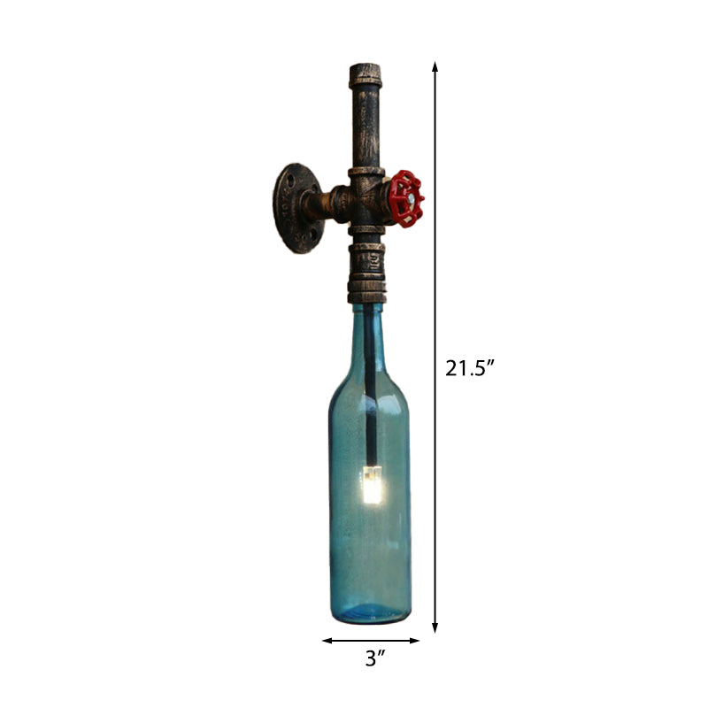 Rustic Industrial 1 Light Wall Sconce - Glass Wine Bottle Design with Red Valve in Blue/Clear for Restaurant Use