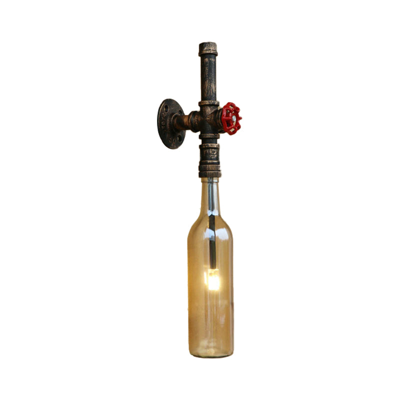 Rustic Industrial 1 Light Wall Sconce - Glass Wine Bottle Design with Red Valve in Blue/Clear for Restaurant Use