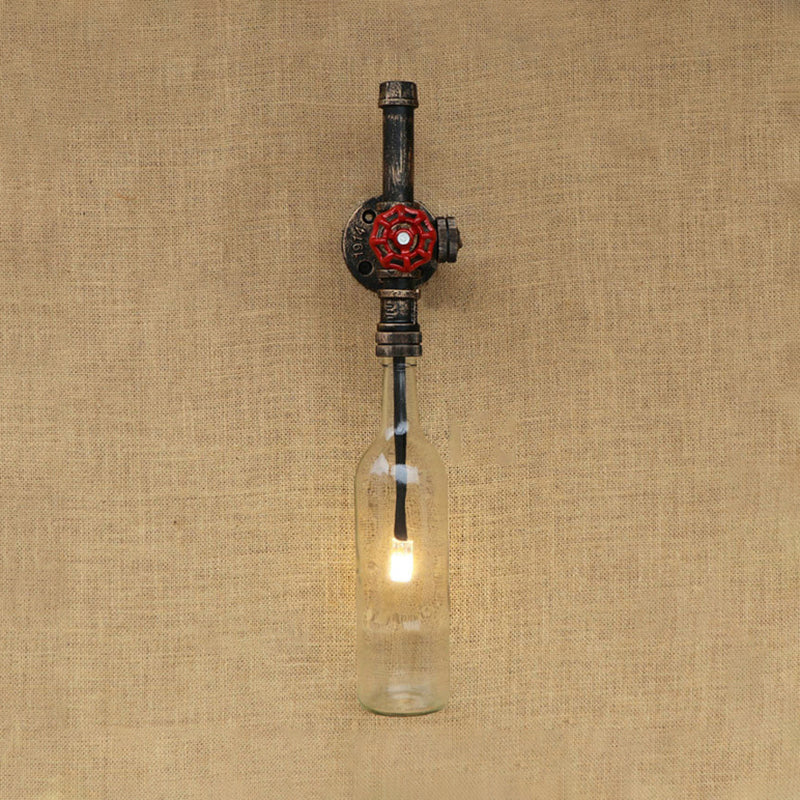 Industrial Glass Wine Bottle Wall Light 1 Bright Restaurant Blue/Clear Wall Lights with Red Valve