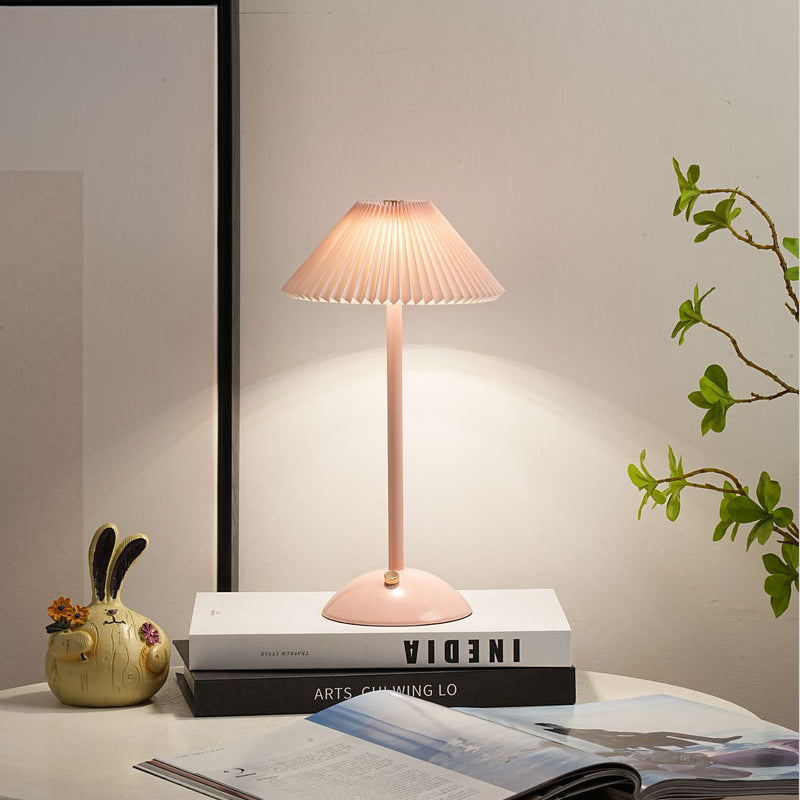 Contemporary Scandinavian Rechargeable Conical Pleated LED Table Lamp made of Iron Fabric for Nightstand