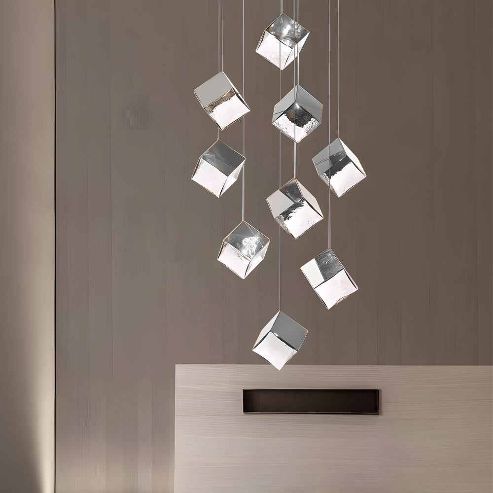 Taavita 1/3/6/9-Light Multi Glass Ice Cube Metallic Staircase Chandelier in Gold/Chrome