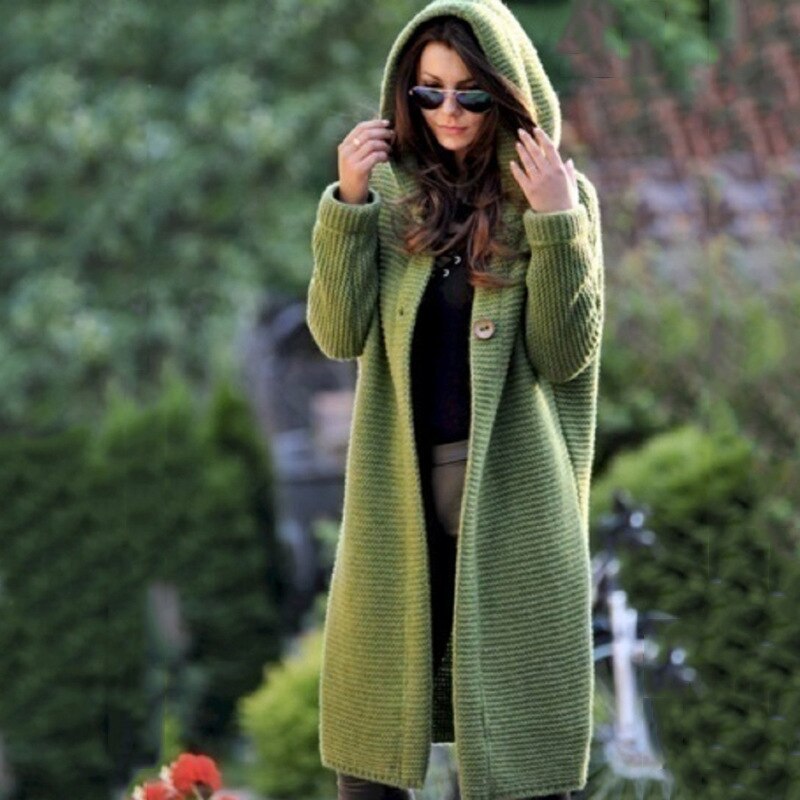 Women’s Hooded Cardigan Coat | Longline Chunky Knit | Cotton-Polyester Blend | Comfortable Fit