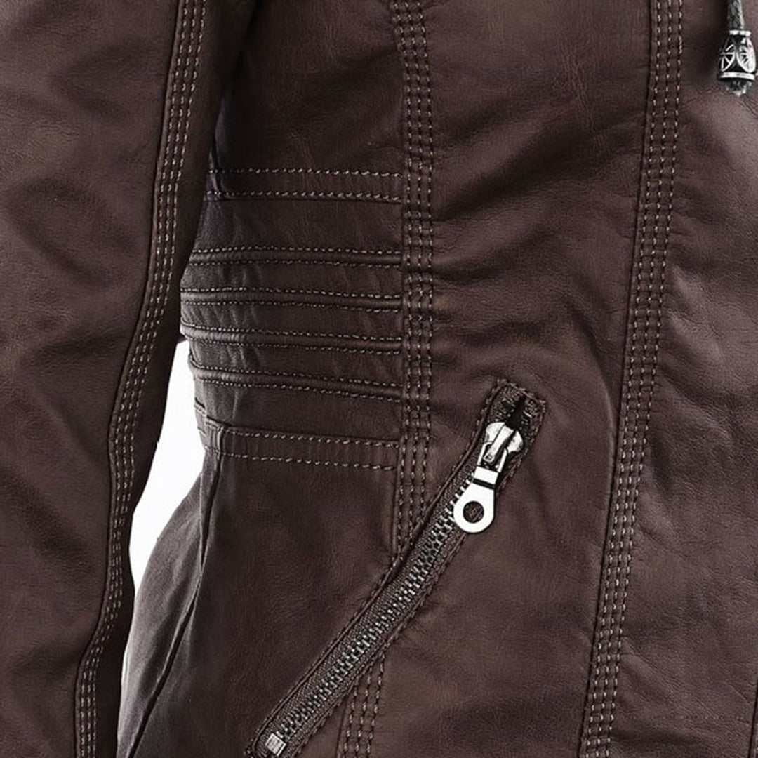 Women’s Weatherproof Leather Jacket | Detachable Hood & Zip Closure | Durable Polyester Fiber | Comfortable Fit