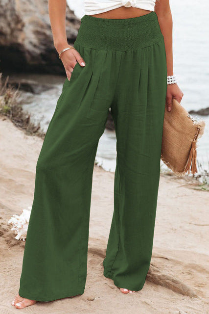 Women's High-Waisted Wide-Leg Palazzo Pants | Elastic Smocked Waist | 100% Polyester | Comfortable Fit