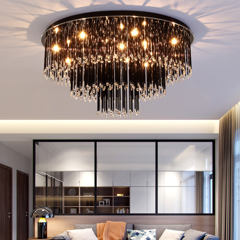 19.5"/23.5" W Tiered Flush Mount Lamp Modern Black Crystal 8/10 Bulbs Flush Mount Chandelier for Bedroom Clearhalo 'Ceiling Lights' 'Close To Ceiling Lights' 'Close to ceiling' 'Flush mount' Lighting' 155488