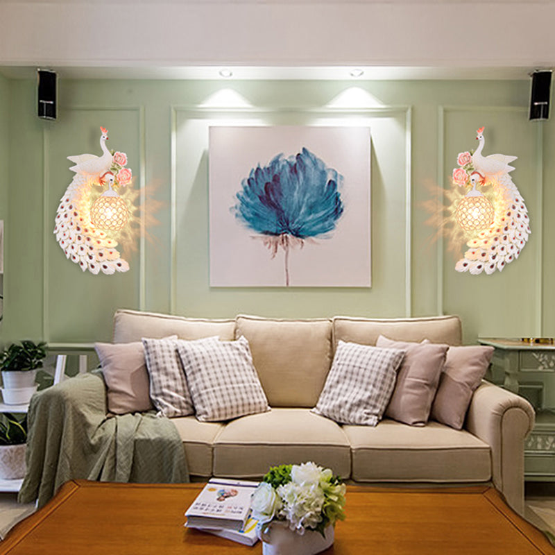 Double/Right/Left Peacock Wall Sconce Loft Style Metal 8"/10" W 1 Bulb Wall Lighting with Dome Crystal Shade in White/Gold Clearhalo 'Wall Lamps & Sconces' 'Wall Lights' Lighting' 156141