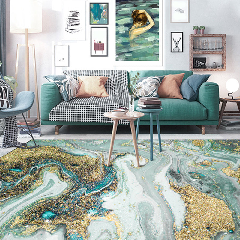 Unique Blue and Golden Watercolor Pattern Rug Modern Polyester Washable Anti-Slip Backing Carpet for Living Room