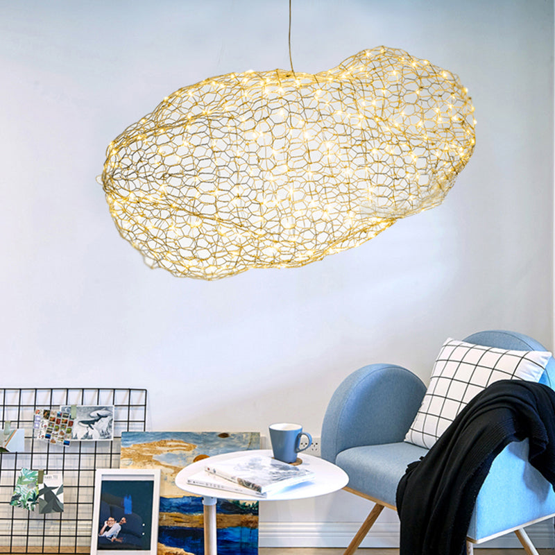 12"/16" W Cloud Shaped Chandelier Light with Mesh Screen Modernist Metal LED Chrome Hanging Lamp, Warm/White Light Clearhalo 'Ceiling Lights' 'Chandeliers' 'Modern Chandeliers' 'Modern' Lighting' 158095