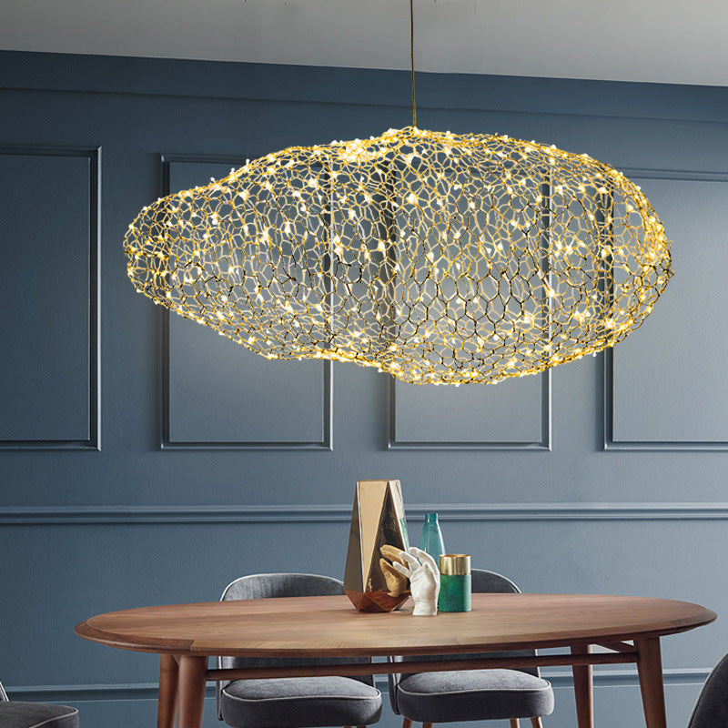 12"/16" W Modernist Metal Cloud Shaped Chandelier Light with Mesh Screen, Chrome Hanging Lamp, LED Warm/White Light