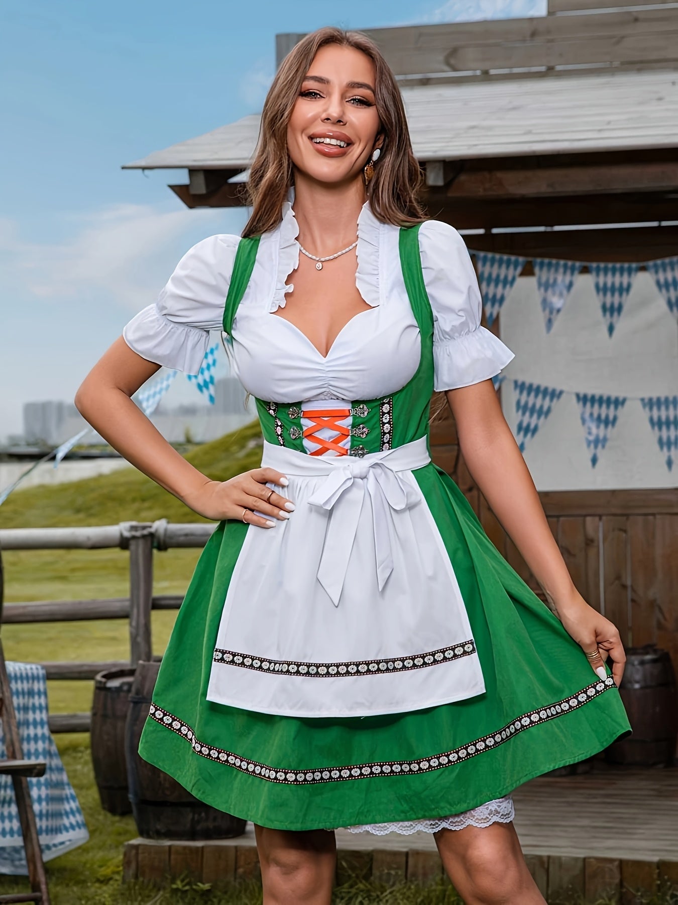 Women's Oktoberfest Dirndl Dress Set with Lace-Up Bodice and Apron