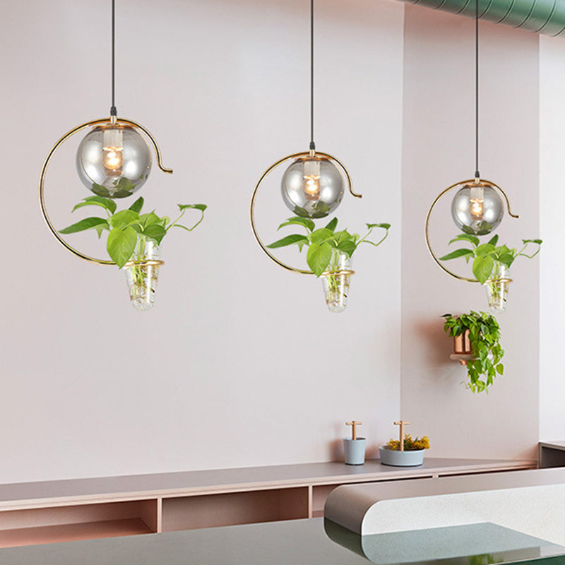 Industrial Globe Metal Hanging Pendant Light - 1 Bulb Milk White/Smoke Grey Glass LED Suspension in Black/Gold