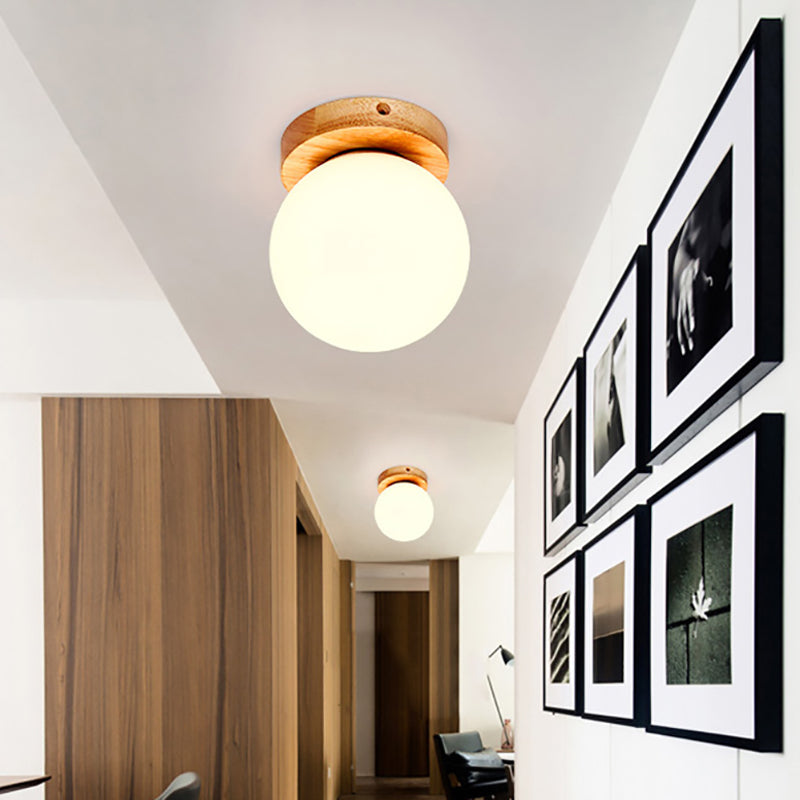 Taavita Light Globe Flush Mount Ceiling Light Fixture in Nordic Wooden Milky Glass Design