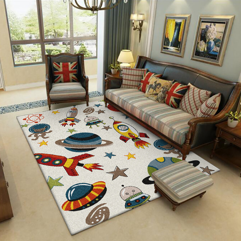 Ivory Child's Room Rug Kids Outer Space Planet Star Rocket Pattern Area Rug Polyester Pet Friendly Carpet Clearhalo 'Area Rug' 'Rug' 1648748