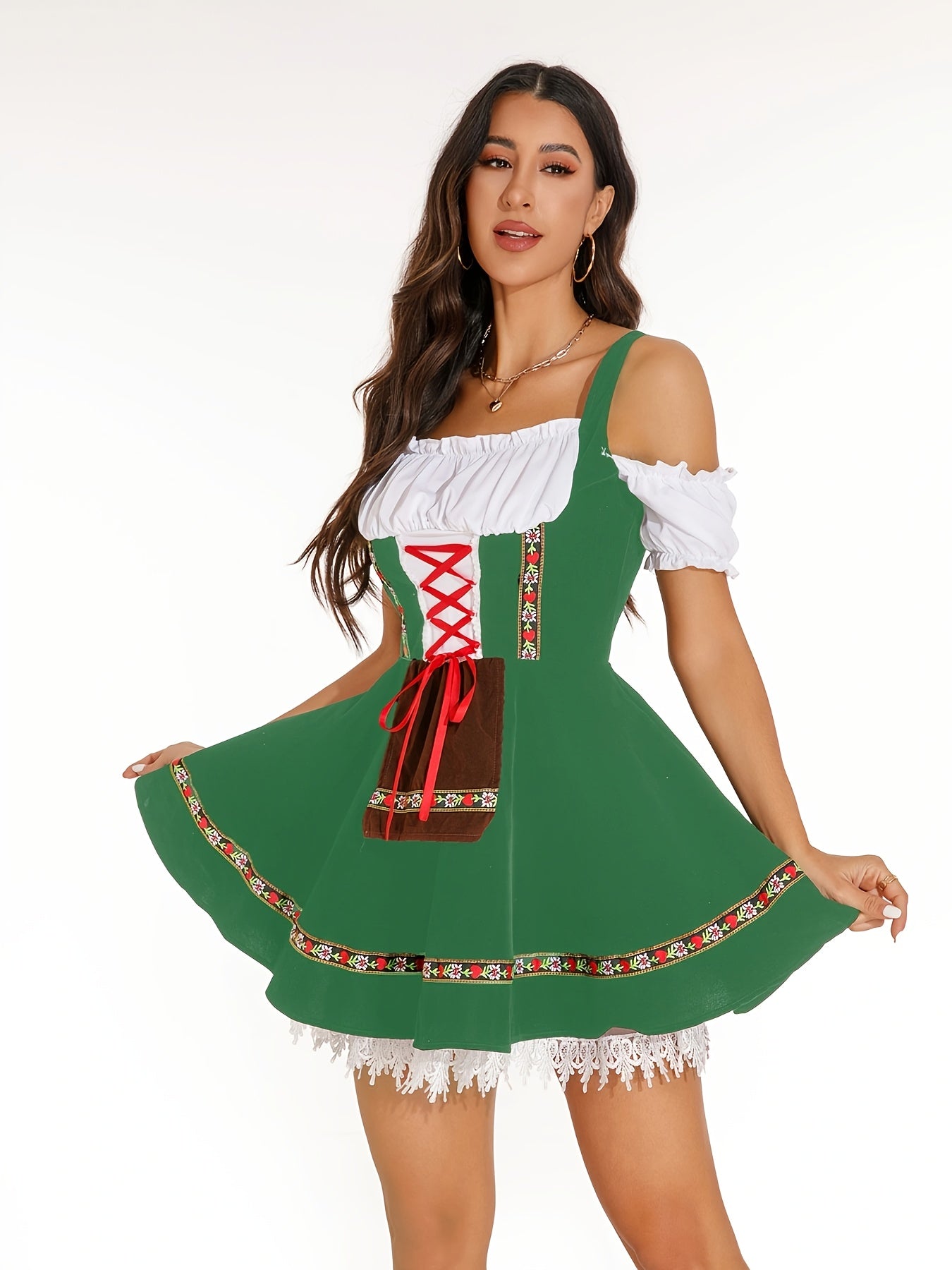 Women's Bavarian Dirndl Dress with Lace Trim for Oktoberfest Celebrations