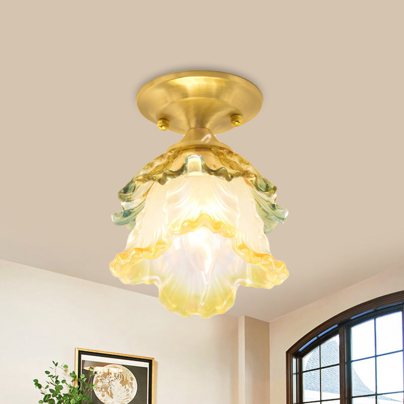 1-Head Taavita Ruffle Glass Flower Ceiling Lamp Retro Style Semi Flush Mount Lighting for Hallway
