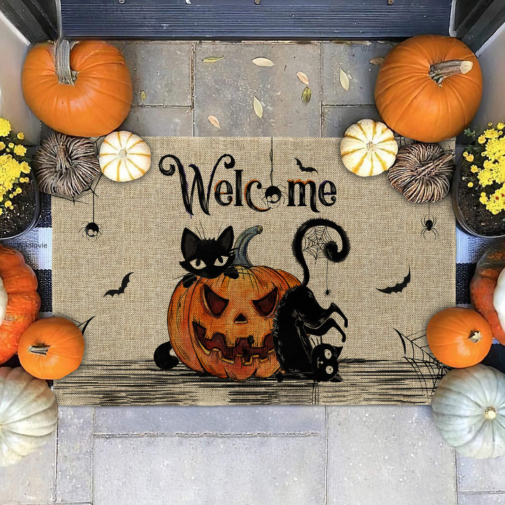Halloween Welcome Doormat – Outdoor Rug with Pumpkin & Cat Design – Farmhouse Style Front Door Mat for Porch, RV, or Fall Décor