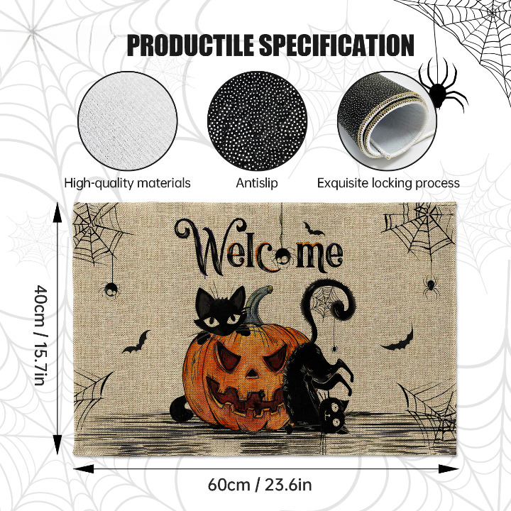 Halloween Welcome Doormat – Outdoor Rug with Pumpkin & Cat Design – Farmhouse Style Front Door Mat for Porch, RV, or Fall Décor