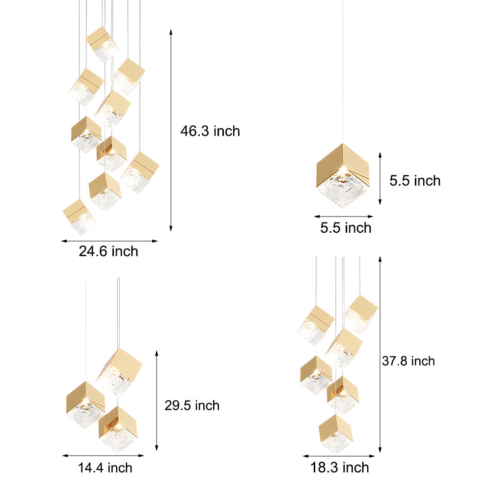 Taavita 1/3/6/9-Light Multi Glass Ice Cube Metallic Staircase Chandelier in Gold/Chrome