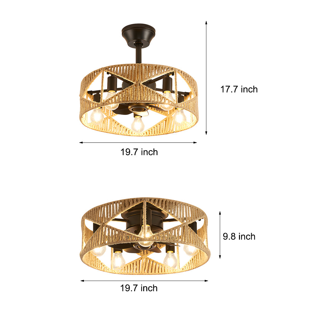 20-inch Rope-Woven Caged Ceiling Fan with Light and Remote, 6-Speed