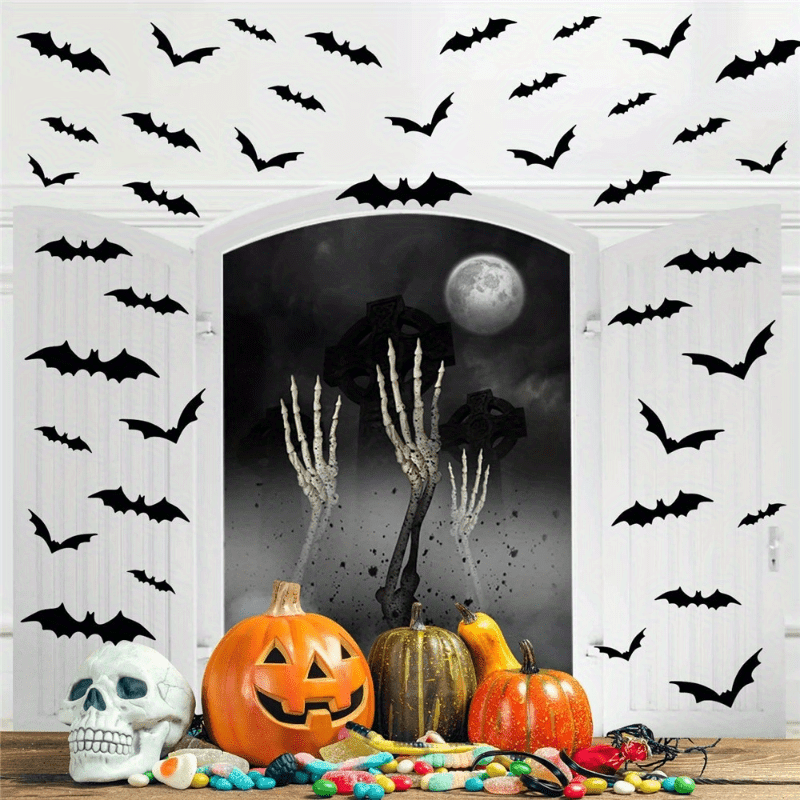 48-Pack Reusable 3D PVC Bat Wall Stickers Halloween Decor
