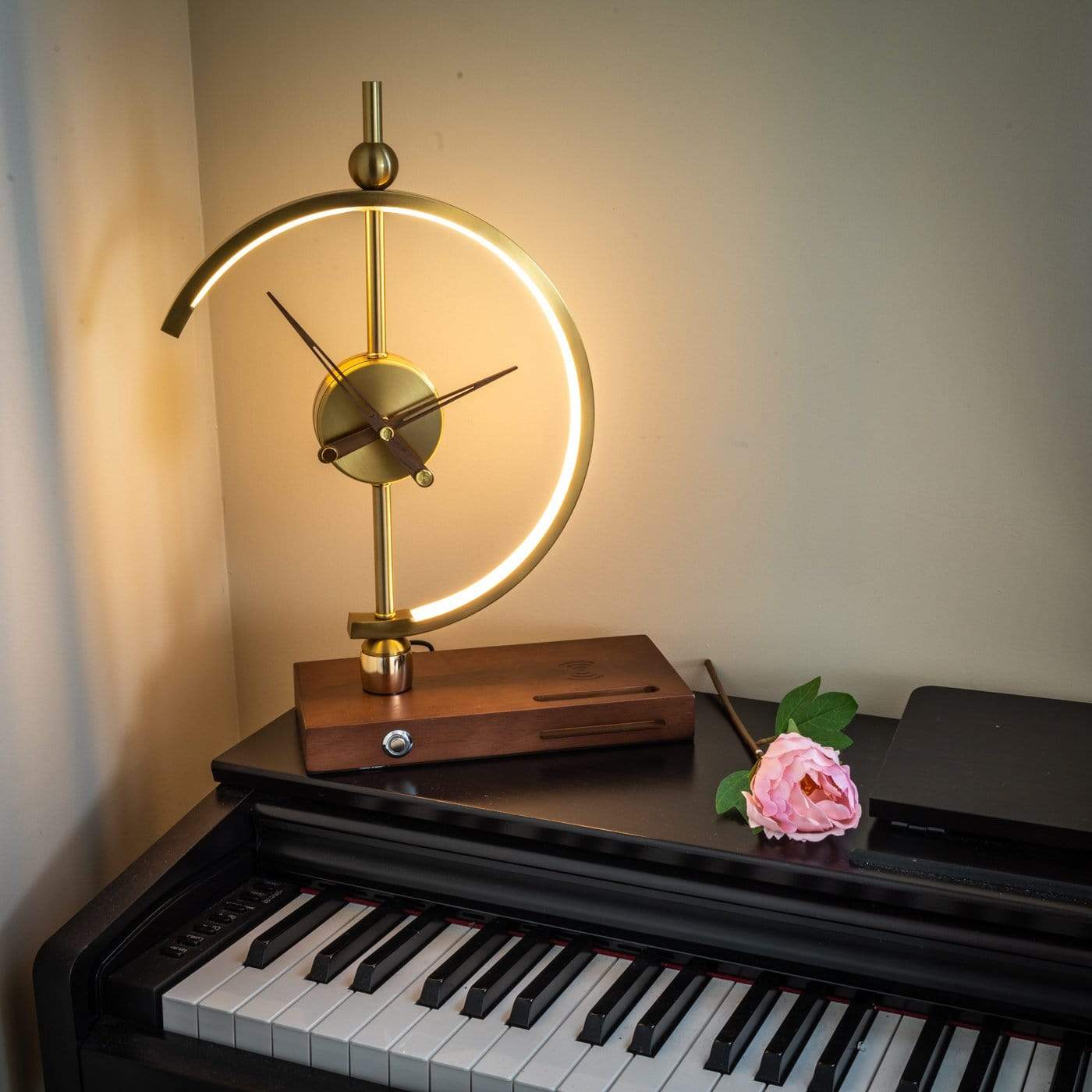 LED Desk Lamp | Wireless Charger & Analog Clock | Maple Wood Base | Energy-Efficient Lighting