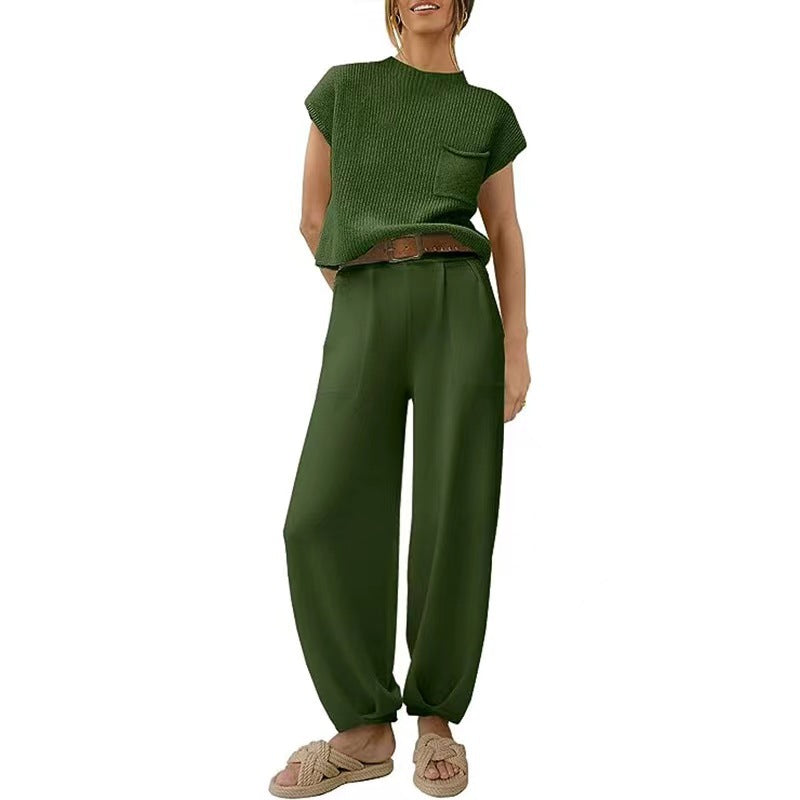 Women’s Two-Piece Knit Lounge Set | Short-Sleeve Top & High-Waisted Pants | Polyester & Elastane | Comfortable Fit