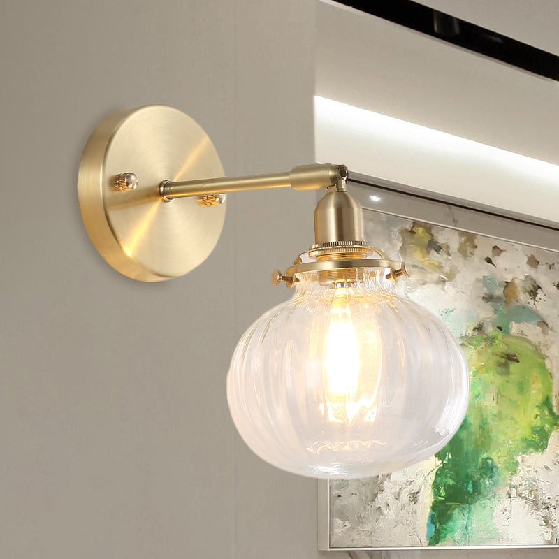 1 Head Wall Mounted Lamp Colonial Orb Clear/Cognac Prismatic Glass Sconce Lighting Fixture in Gold Clearhalo 'Wall Lamps & Sconces' 'Wall Lights' Lighting' 1772744