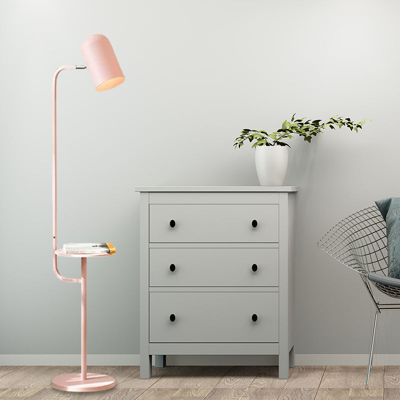 1 Bulb Metal Floor Light Warehouse Pink/Yellow/Green Bell Shaped Living Room Floor Reading Lamp with Wood Shelf Deco Clearhalo 'Floor Lamps' 'Lamps' Lighting' 1781849